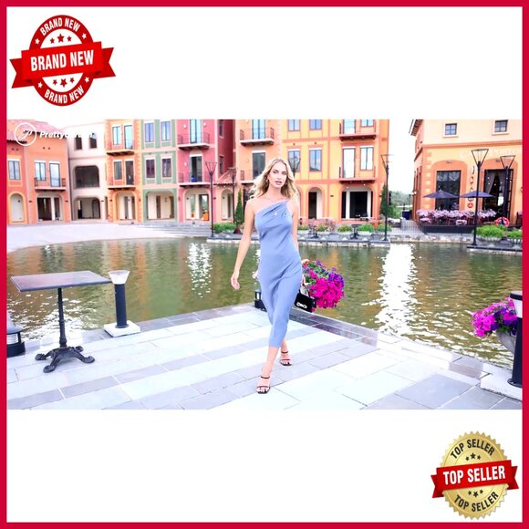 Satin Midi Dress One Shoulder Spaghetti Strap Backless Ruched Bodycon Elegant - Picture 7 of 7